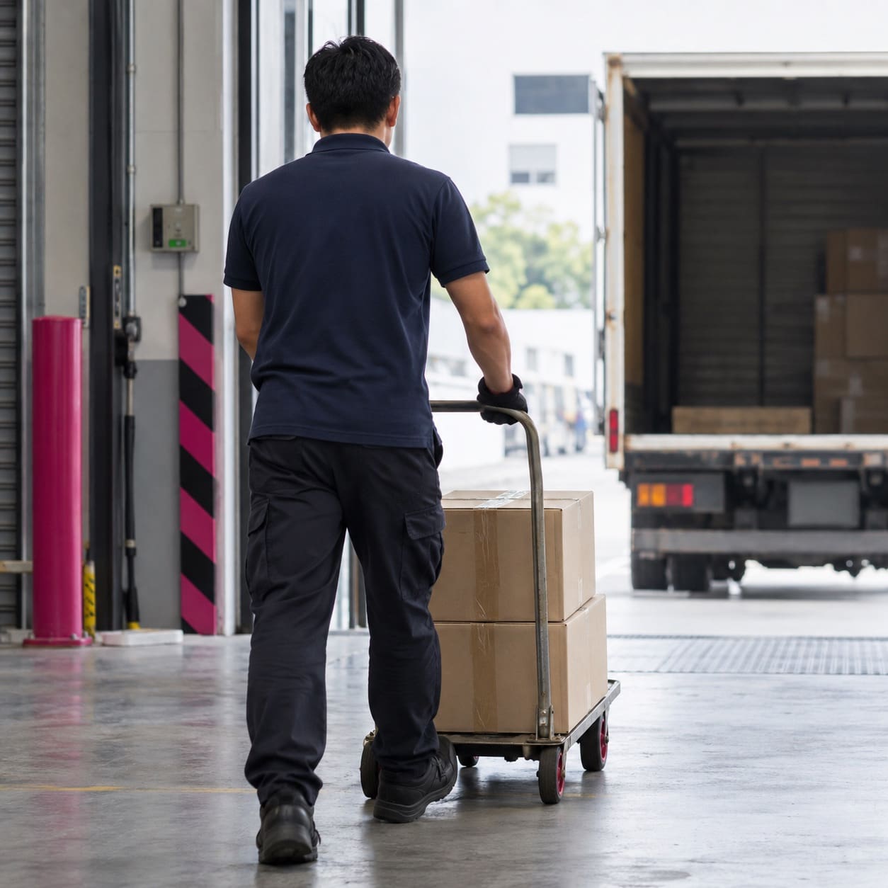 Worker seen from behind moving two cartons on a hand trolley through a loading dock