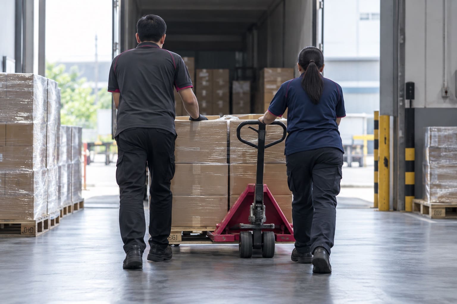 Two warehouse workers seen from behind moving a pallet of cartons at a loading bay