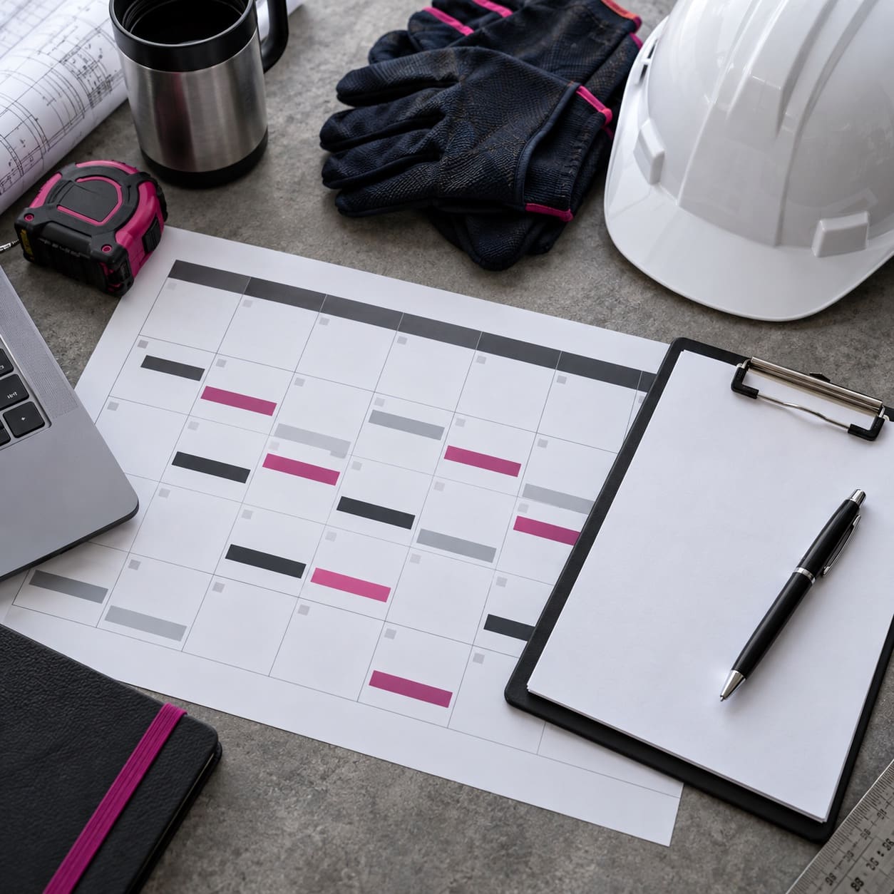 Shift planning calendar and clipboard beside work gloves and a safety helmet