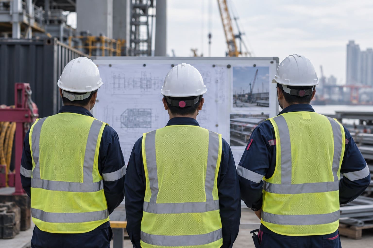Industrial workers viewed from behind during a worksite planning briefing