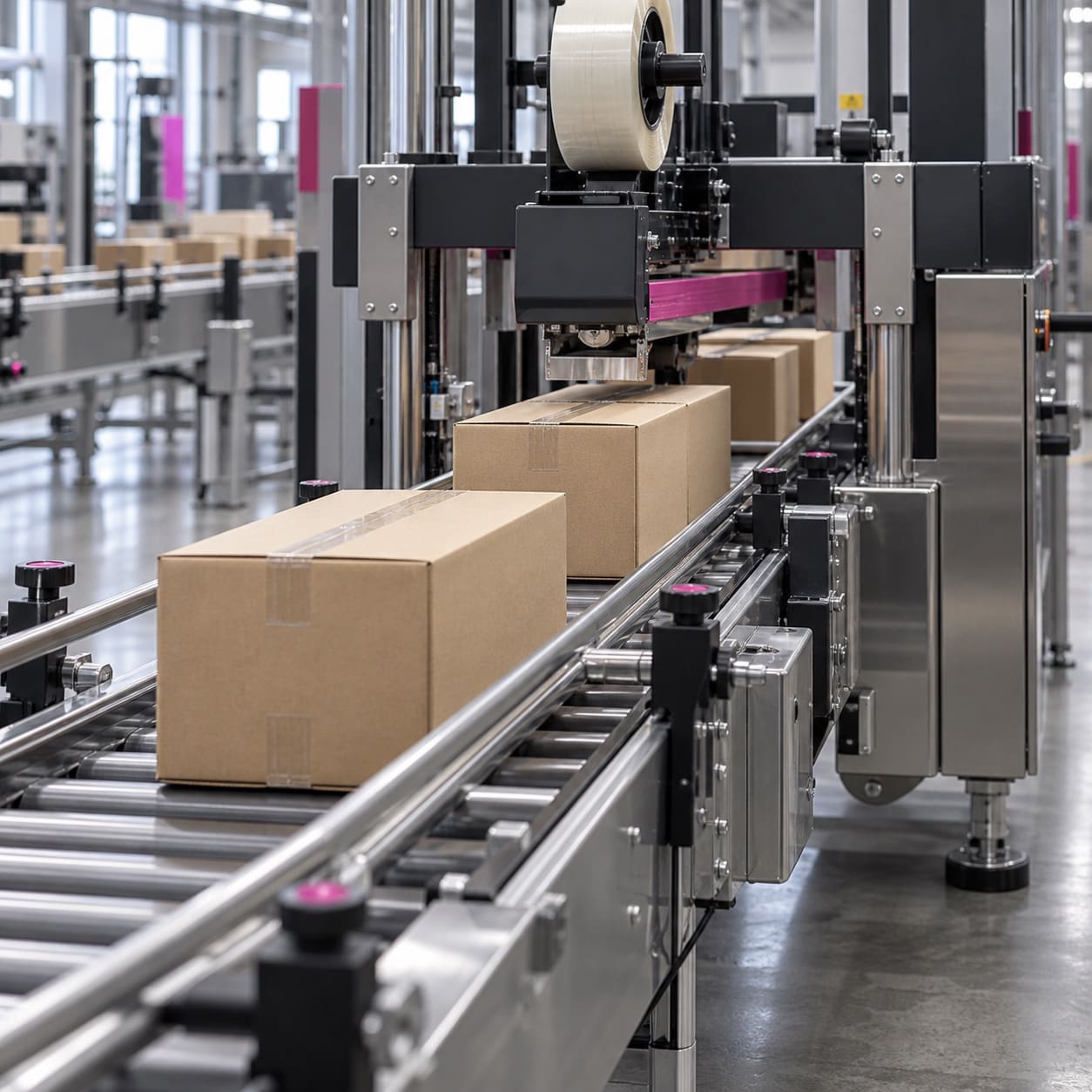 Cartons passing through a packaging machine on a stainless steel production conveyor