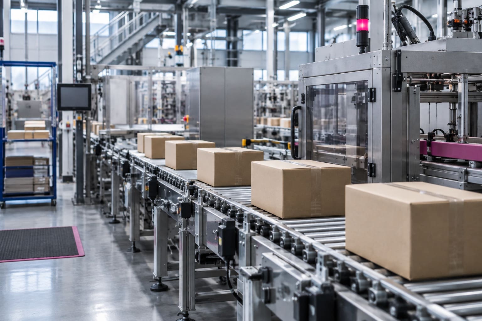 Clean factory packing line with cartons on a conveyor and no people visible