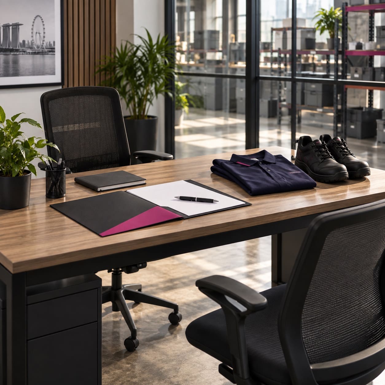 Empty onboarding desk with a welcome folder, work polo and safety shoes