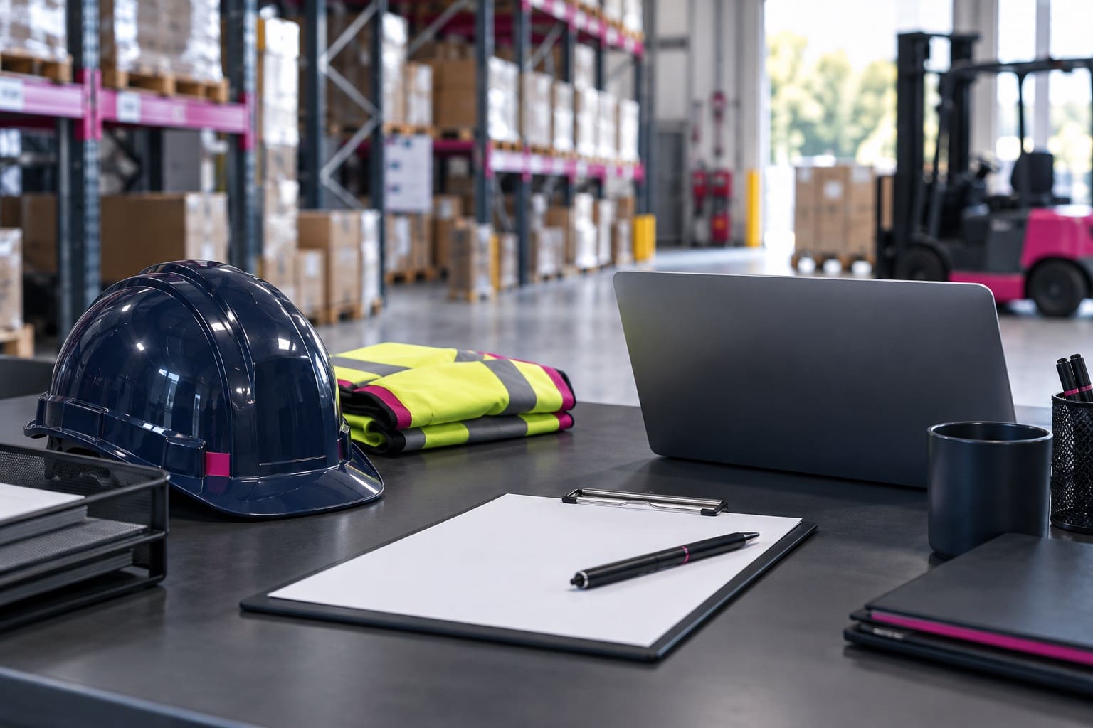 Recruitment planning desk with clipboard, laptop and safety equipment overlooking warehouse shelves