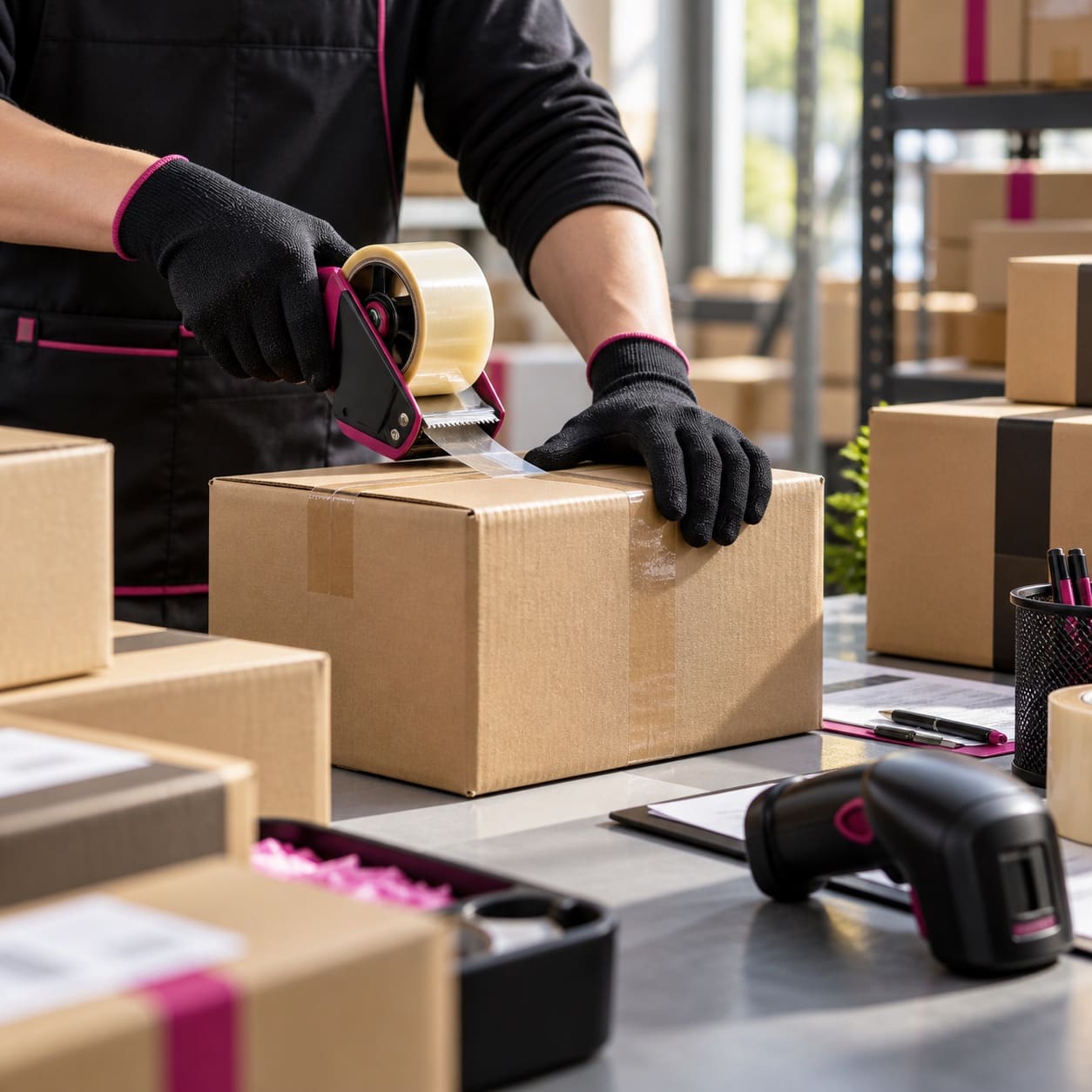 Gloved hands sealing a carton with packing tape at an organised fulfilment workbench