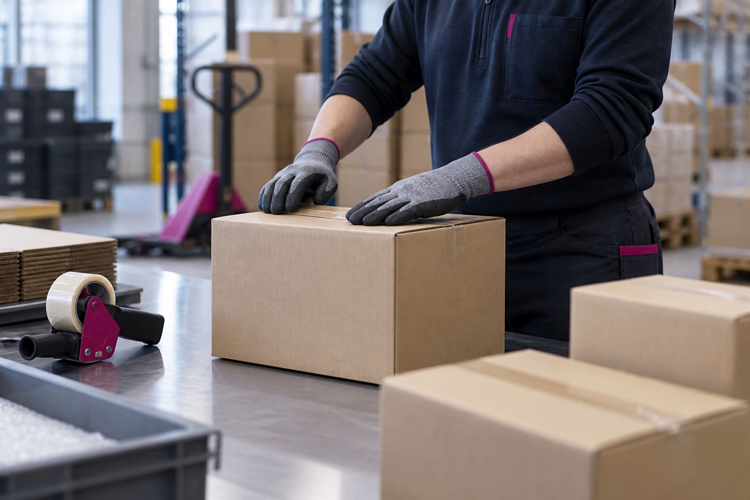 Gloved hands packing a cardboard carton at a warehouse workbench, with no face visible