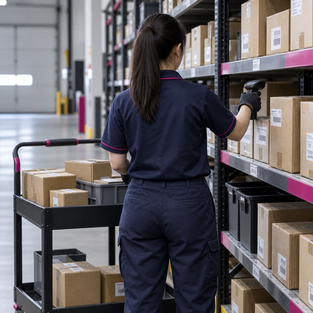 Warehouse worker viewed from behind scanning cartons beside a picking trolley