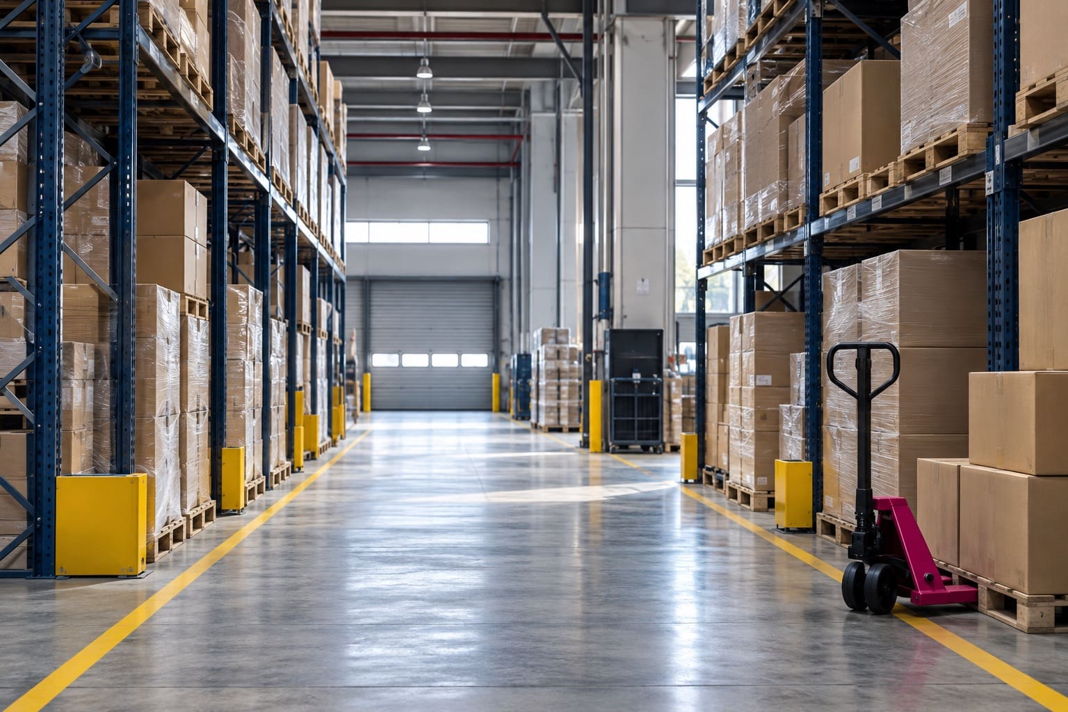 Organised warehouse aisle with pallet racks, cartons and a manual pallet jack, without people